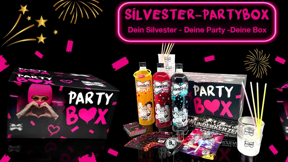drei Likörflaschen, Wunderkerze, Bleigießen und ein Karton mit der Aufschrift Party Box
