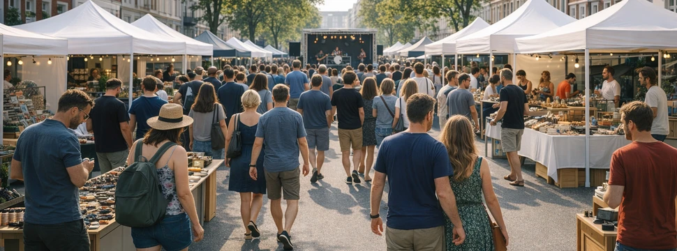 Besucher auf einem Straßenfest mit Pavillons und einer Bühne