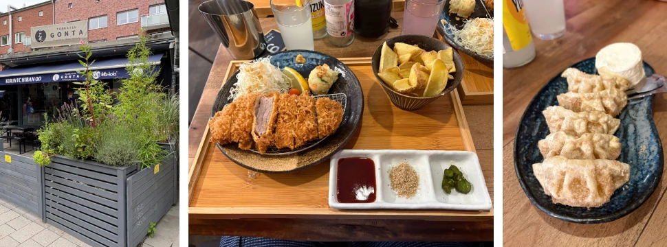 Collage: Außenansicht Restaurant Gonta Tonkatsu, japanisches Schnitzel vom Duroc Schwein, frittierte Gyosa mit Apfelkompott und Vanille-Eis