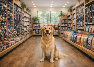 Golden Retriever sitzt in Tierbedarf-Shop zwischen Regalen voller Hundespielzeug und Futter