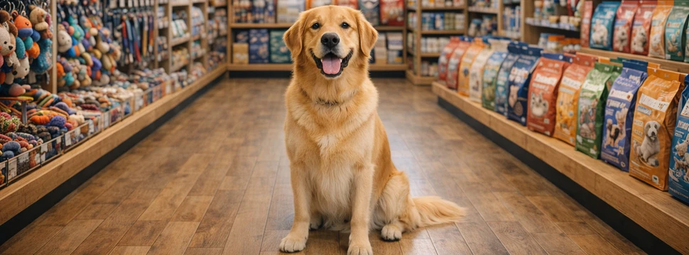 Golden Retriever sitzt in Tierbedarf-Shop zwischen Regalen voller Hundespielzeug und Futter