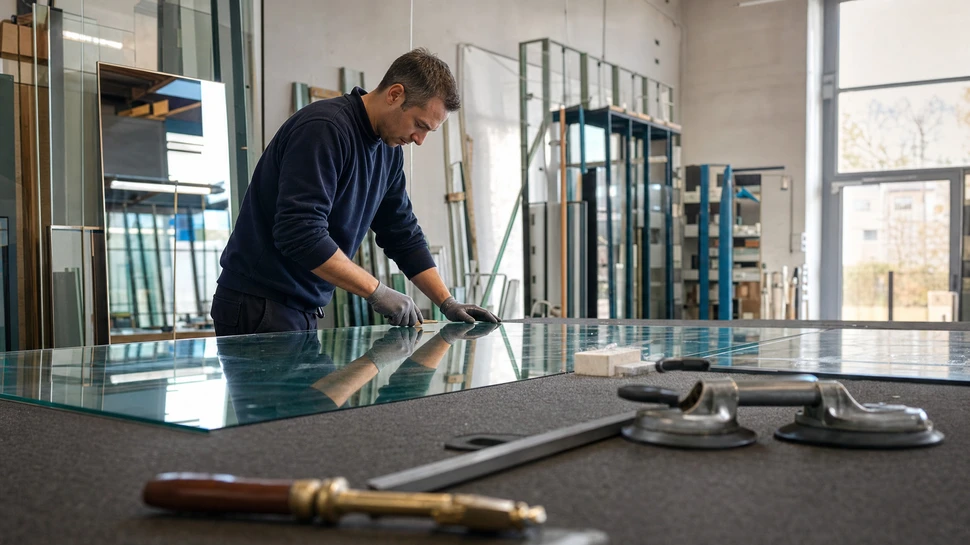 Handwerker schneidet Glasscheibe auf Werkbank in heller Glaserei mit Werkzeugen im Vordergrund.