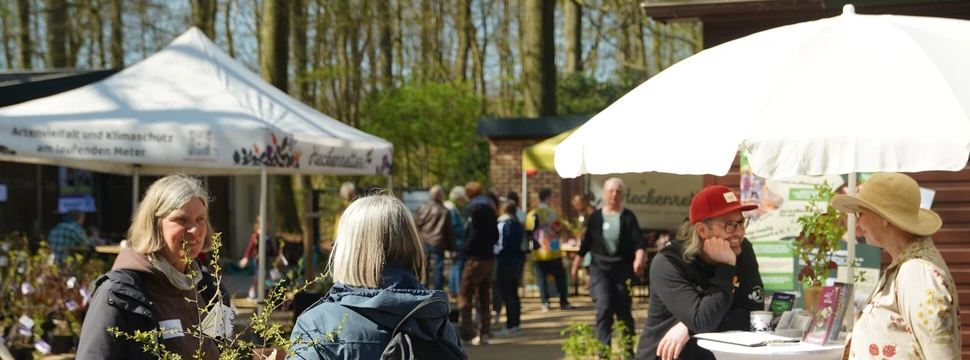 Mehrere Besucher unterhalten sich an Ständen auf dem Friedhof Bornkamp