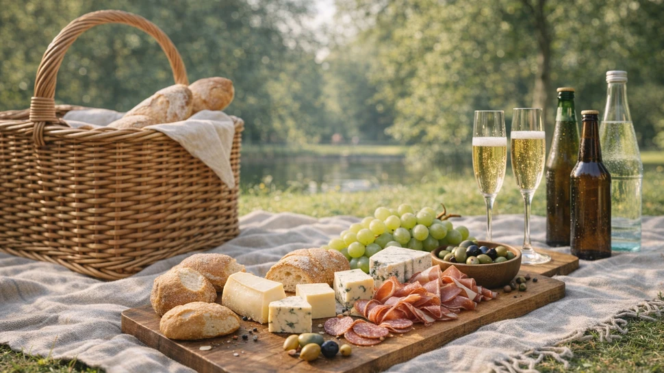 Picknick im Park mit Käse, Salami, Trauben und frischem Brot auf einem Holzbrett