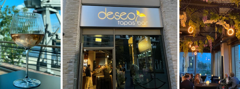 drei Bilder der deseo Tapas Bar: Glas mit Wein, Eingangsbereich und Innenraumgestaltung.