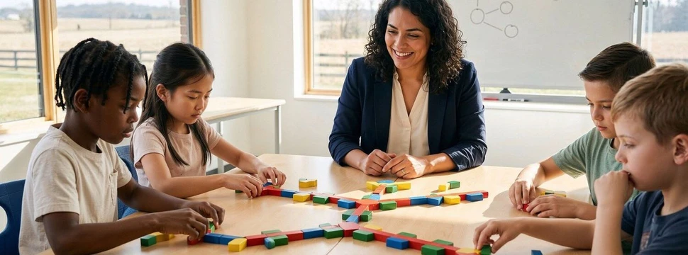 vier Kinder lernen zusammen mit einer Mentorin