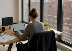 Eine junge Frau sitzt mit ihrem Laptop an einem Schreibtisch (KI-generiert)