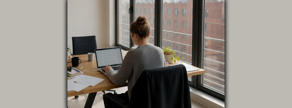 Eine junge Frau sitzt mit ihrem Laptop an einem Schreibtisch (KI-generiert)