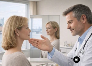 Ein ästhetischer Gesichtschirurg schaut sich das Gesicht einer Frau an (KI-generiert)