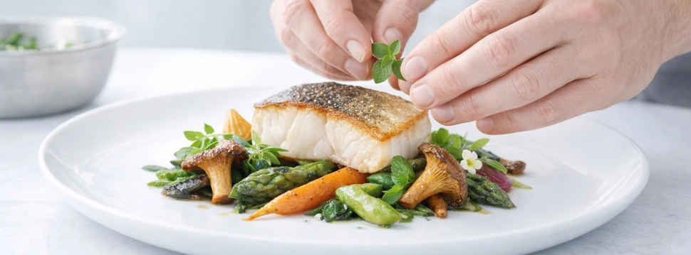 zwei Hände dekorieren einen weißen Teller mit Fisch und frischem Gemüse
