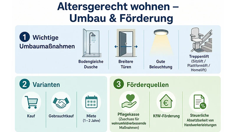 Grafik mit Umbaumaßnahmen, Varianten und Förderquellen zum Altersgerechten wohnen