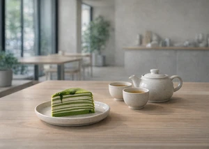 ein Stück Matcha-Crepe-Torte, zwei Teetassen und eine Teekanne auf einem Holztisch