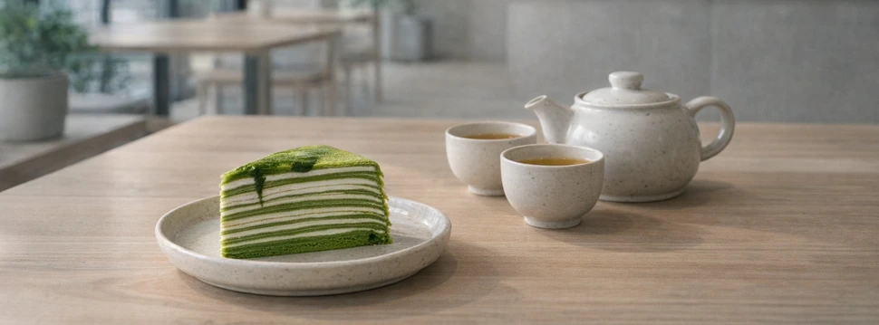 ein Stück Matcha-Crepe-Torte, zwei Teetassen und eine Teekanne auf einem Holztisch