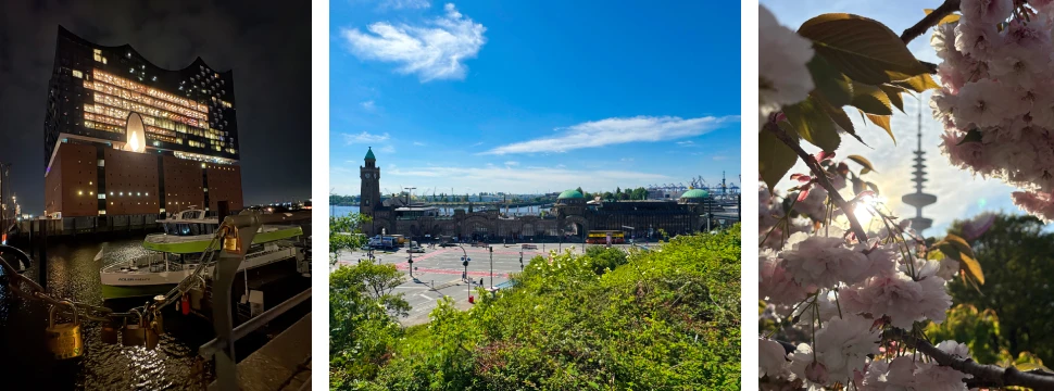 Collage Sehenswürdigkeiten: Elbphilharmonie, Hamburger Landungsbrücken, Telemichel