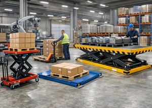 zwei Männer arbeiten in einem Lager mit Kartons und Hubtischen