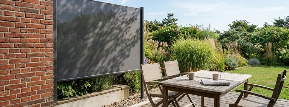 Eine Seitenmarkise neben einem Tisch mit Stühlen