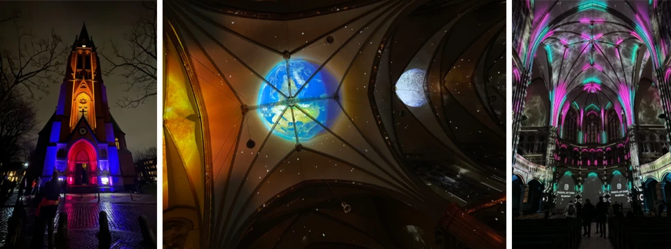 Beleuchtete Außenansicht der Kulturkirche und Genesis Projektionen am Gewölbe der Kulturkirche Altona