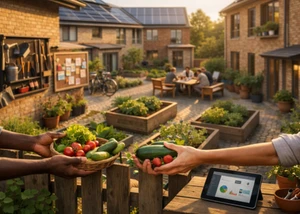 Menschen sitzen in einem begrünten Innenhof, im Vordergrund wird frische Gemüse überreicht