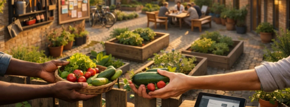 Menschen sitzen in einem begrünten Innenhof, im Vordergrund wird frische Gemüse überreicht