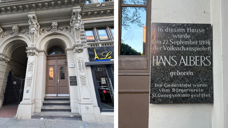 Eingang zum Geburtshaus von Hans Albers und Gedenkschild