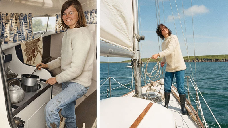 Links: Nicolette in der Kombüse, rechts: Nicolette vor der Abfahrt,