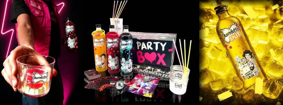 drei Likörflaschen, Wunderkerze, Bleigießen und zwei Kartons mit der Aufschrift Party Box
