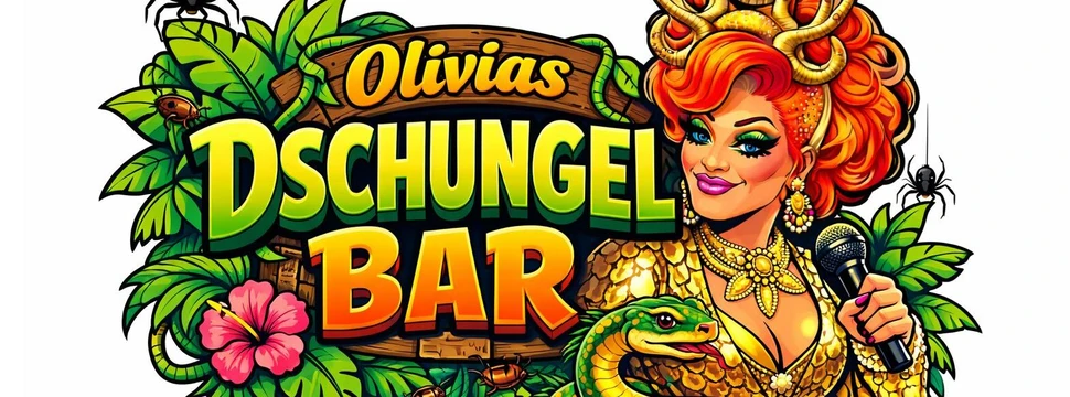 Logo von "Olivias Dschungel-Bar" im Dschungel-Stil mit Schriftzug, Pflanzen, Tieren und einer Figur mit Mikrofon.