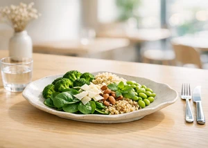 Bowl mit Brokkoli, Mandeln, Couscous Edamame und Parmesan