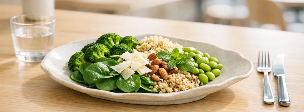 Bowl mit Brokkoli, Mandeln, Couscous Edamame und Parmesan