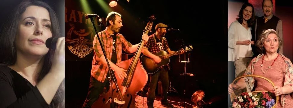 eine Sängerin, zwei Männer mit Kontrabass und Gitarre sowie drei Schaupielende