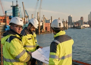 rei Bauarbeiter in Sicherheitskleidung studieren Baupläne am Containerhafen mit Kränen und Stadtsilhouette.