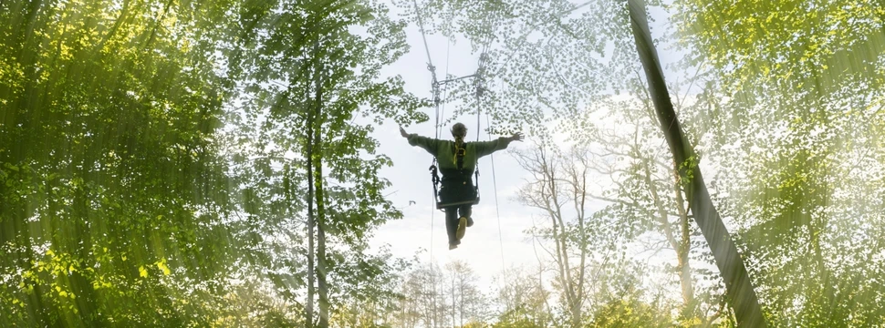 Ein Mann auf einer Riesenschaukel in einem Hochseilgarten im Wald