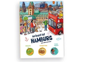 Buntes Kinderbuch-Cover „So bunt ist Hamburg“ mit Stadtszene, Menschen an einer Bushaltestelle und rotem Stadtrundfahrt-Bus vor bekannten Hamburger Gebäuden.