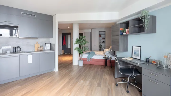 Galerie-Bild 4: großes Zimmer mit Bett, Schreibtisch und Küchenzeile in hellgrau