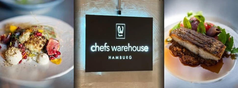 Zwei Teller mit fein angerichtetem Essen, beleuchtetes schwarzes Schild mit der Aufschrift Chefs Warehouse Hamburg