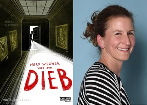 Collage: Cover von "Herr Werner wird zum Dieb" & Porträtfoto von Andrea Offermann