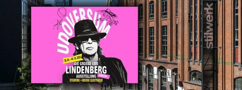 Plakatmotiv der Udo Lindenberg Ausstellung, im Hintergrund das stilwerk Hamburg