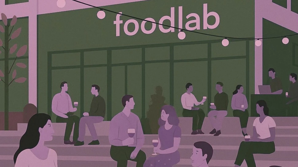 Aperitivo im foodlab Zeichnung mit mehreren Menschen, die Weingläser in den Händen haben