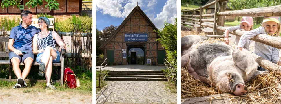 Collage: Paar sitzt auf einer Bank, Eingang zum Freilichtmuseum Kiekeberg, Kinder streicheln ein Schwein