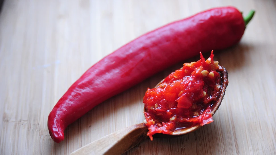 Chili-Schote und ein Löffel mit Chilisauce