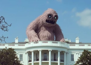 KI-generiertes Bild von einem hellbraunen Monster auf einem weißen Haus