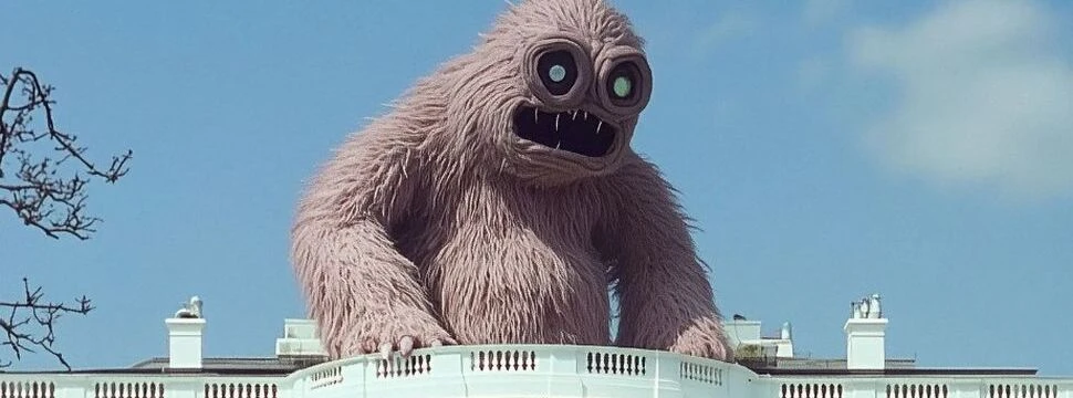 KI-generiertes Bild von einem hellbraunen Monster auf einem weißen Haus