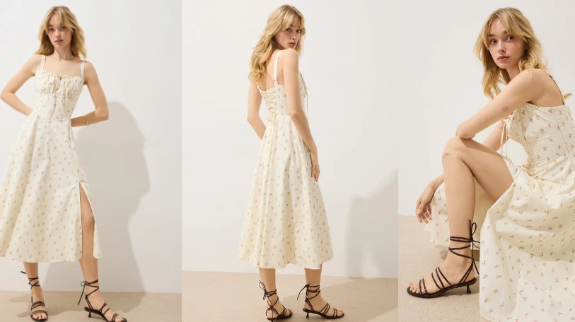 Eine Frau in einem hellen Kleid, die in verschiedenen Positionen das Kleid für Fotos zeigt