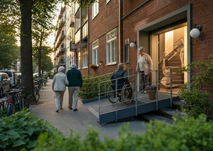Seniorenwohnanlage mit barrierefreier Rampe, ältere Menschen beim Hauseingang, Backsteinarchitektur