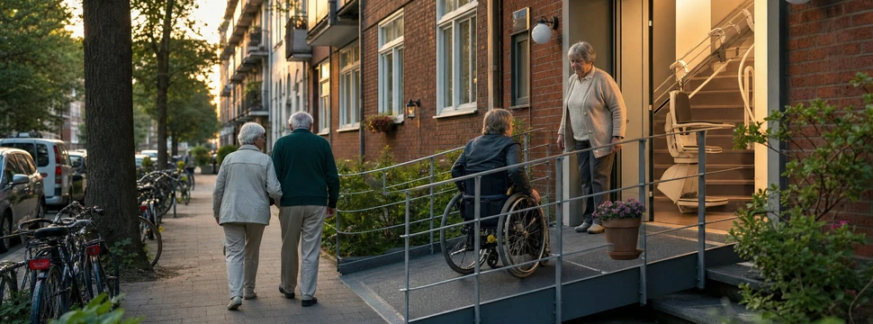 Seniorenwohnanlage mit barrierefreier Rampe, ältere Menschen beim Hauseingang, Backsteinarchitektur
