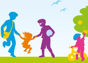 Farbige Silhouetten einer Familie beim Spielen im Park mit Baum, fliegenden Vögeln und spielenden Kindern.