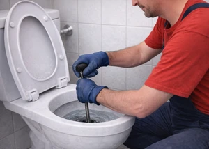 Klempner mit blauen Handschuhen reinigt eine verstopfte Toilette mit einer Spirale im Badezimmer.
