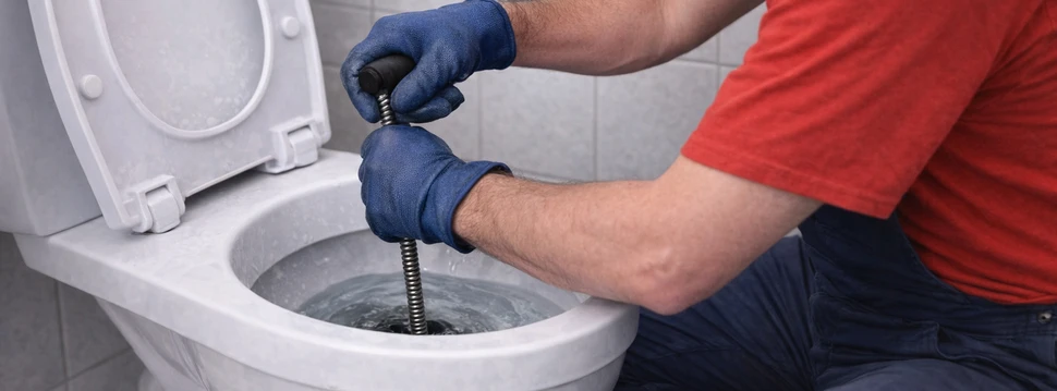 Klempner mit blauen Handschuhen reinigt eine verstopfte Toilette mit einer Spirale im Badezimmer.