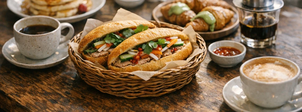 zwei Banh Mi Baguette in einem Körbchen mit zwei Kaffeetassen daneben