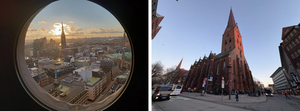 Blick durch ein Fenster auf die Stadt und Blick auf die St. Petri Kirche bei Dämmerung.